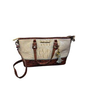 Brahmin Shoulder Purse In Bone & Brown Croc Embossed Leather